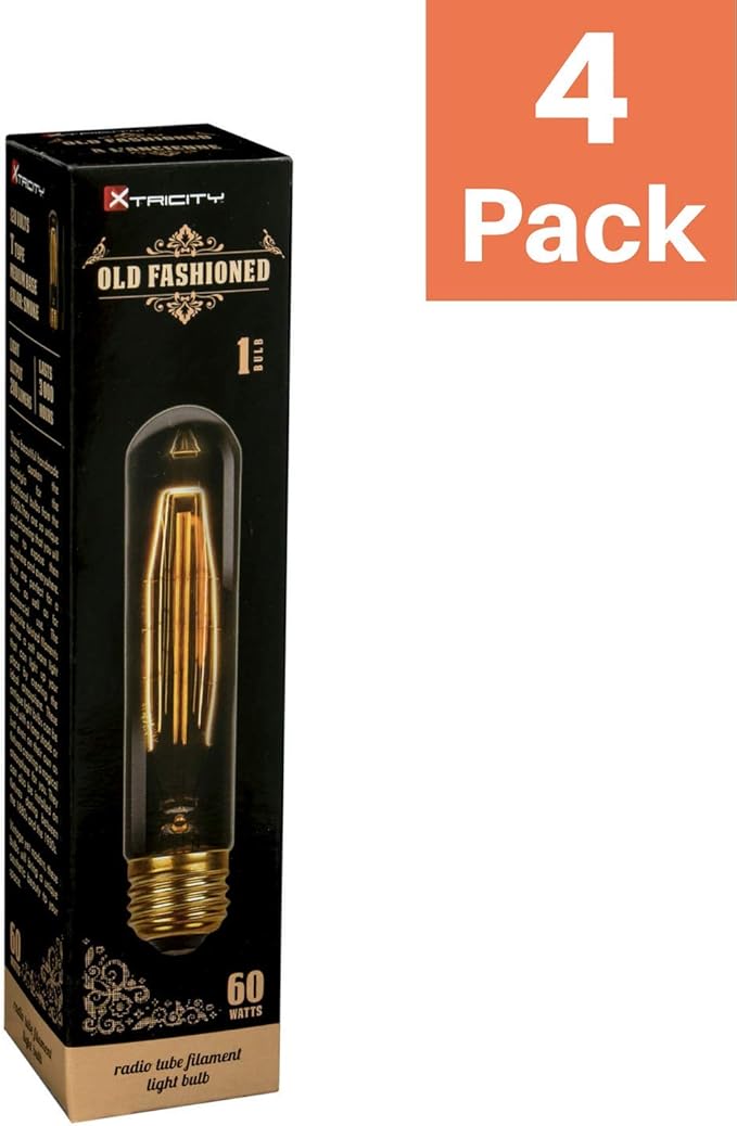 Xtricity T9 Vintage Incandescent Amber Filament Bulb, Radio Tube, Edison Style, 60W, 200 Lumens, E26 Medium Base, Dimmable (4 Pack)