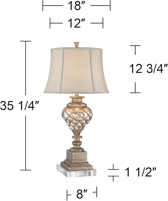 Barnes and Ivy Luke Traditional Vintage Table Lamp with Riser Nightlight LED 35.25" Tall Mercury Glass Off-White Fabric Bell Shade Living Room Bedroom House Bedside Nightstand Home Office