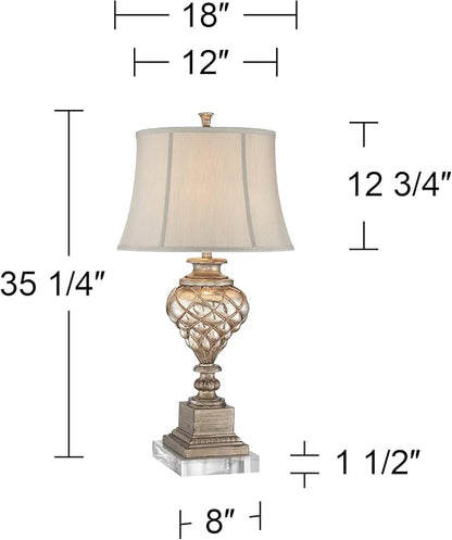 Barnes and Ivy Luke Traditional Vintage Table Lamp with Riser Nightlight LED 35.25" Tall Mercury Glass Off-White Fabric Bell Shade Living Room Bedroom House Bedside Nightstand Home Office