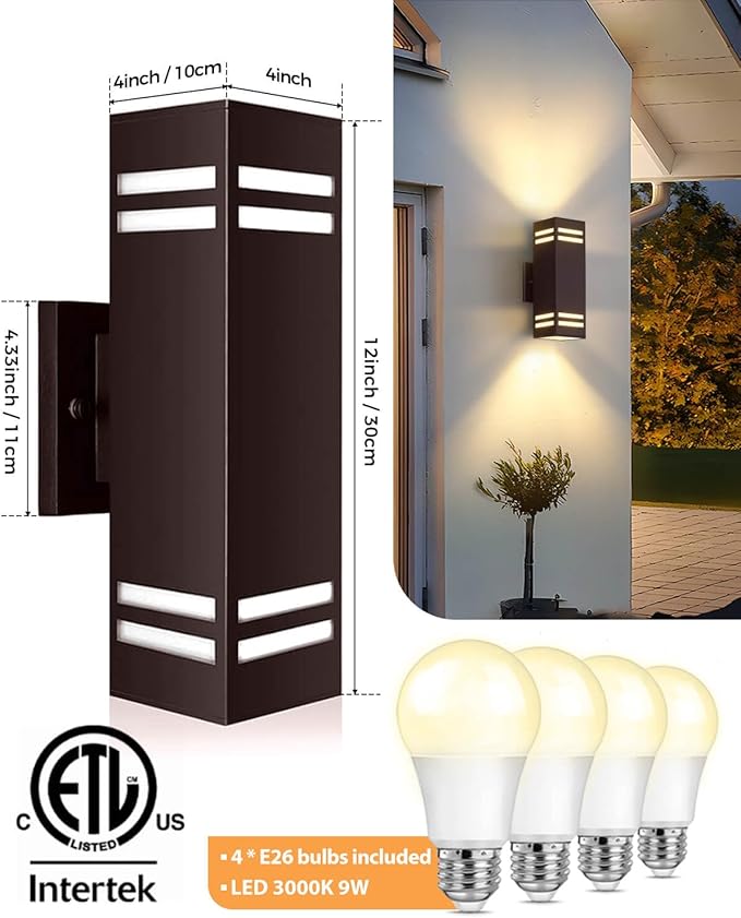 SHIMR Dusk to Dawn Outdoor Wall Lights 2 Pack, Exterior Lighting Fixtures with Oil Rubbed Bronze Finish, Square Outdoor Sconce Lights Up and Down Lights for House Porch Patio [ETL Listed]