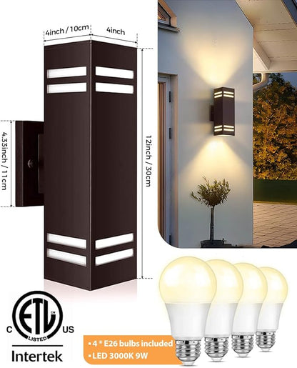 SHIMR Dusk to Dawn Outdoor Wall Lights 2 Pack, Exterior Lighting Fixtures with Oil Rubbed Bronze Finish, Square Outdoor Sconce Lights Up and Down Lights for House Porch Patio [ETL Listed]