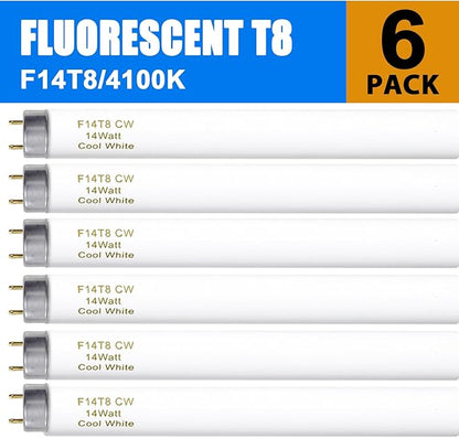amgolibi F14T8/CW 14W Fluorescent Tube, T8 Fluorescent Light Bulb 4100K 14 Watt, 15 Inches, G13 Medium Base, 650 Lumen, 6 Pack
