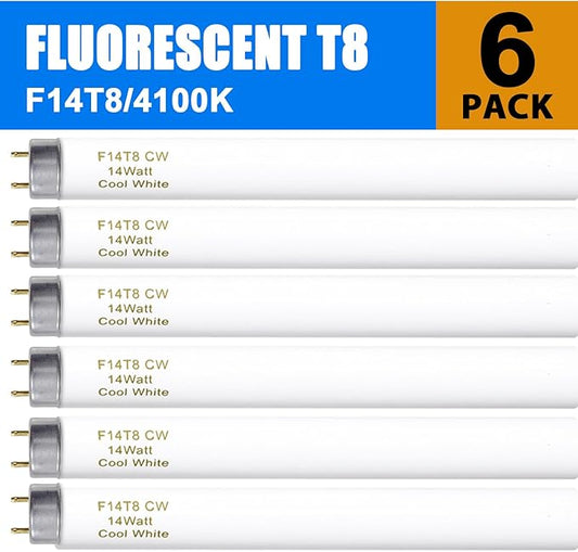 amgolibi F14T8/CW 14W Fluorescent Tube, T8 Fluorescent Light Bulb 4100K 14 Watt, 15 Inches, G13 Medium Base, 650 Lumen, 6 Pack