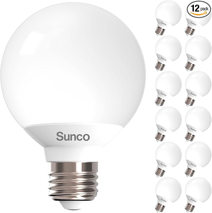 Sunco 12 Pack Vanity Globe Round Light Bulbs G25 LED for Bathroom Mirror 40W Equivalent 6W, 3000K Warm White, Dimmable, 450 LM, E26 Base, Round Frosted Decorative Bulb, UL & Energy Star Listed