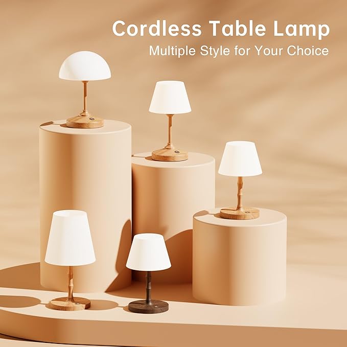 Table Lamp Cordless Bedside Desk Lamp,Rechargeable Battery Operated Lamps for Bedroom Night Stands,3 Colors Touch Dimmable Small Table Kitchen Lamps,4000mAh LED Wood Grain(Fabric Shade)