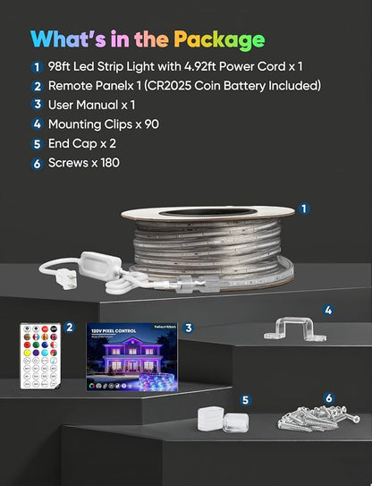 98FT Outdoor LED Strip Lights RGB+IC with Warm&Cool White, ETL Listed Music Sync Light Strip AC 120V, IP65 Waterproof and Connectable, for Party Festival Eave Porch Patio Every Day Decor
