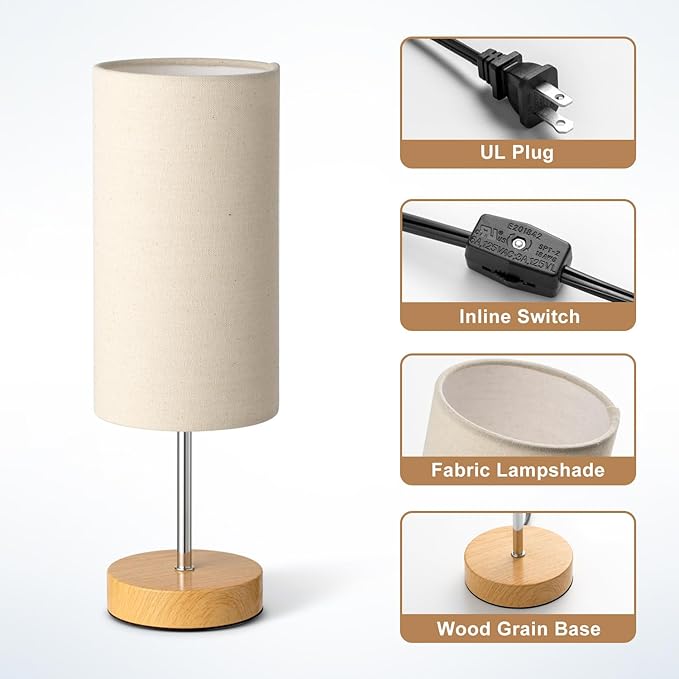Small Bedside Table Lamp for Bedroom Nightstand, Round Linen Shade and Wood Base, Rustic Minimalist Night Lamps for Dresser, Living Room, Office, College Dorm Reading, Warm Light, 5W LED Bulb Included