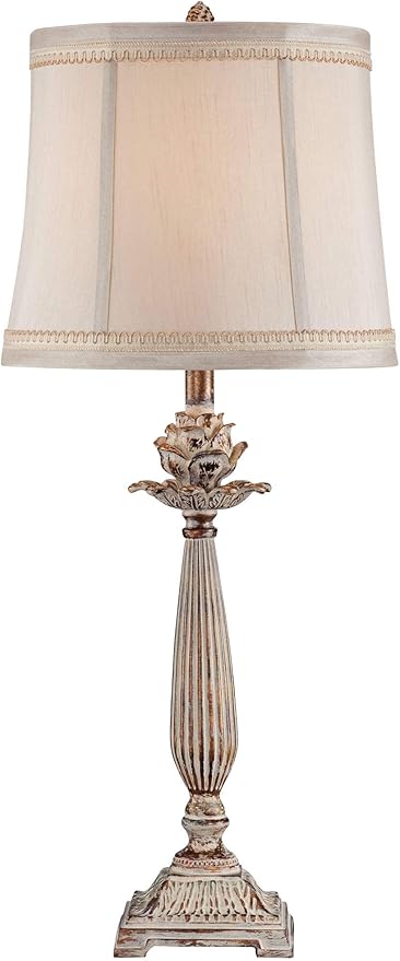 Regency Hill Shabby Chic French Country Table Lamps 28" Tall Set of 2 Antique White Washed Petite Artichoke Font Beige Fabric Bell Shade for Living Room Bedroom House Bedside Nightstand Home