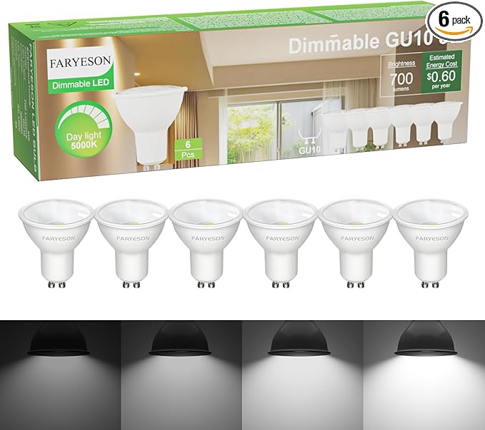 Dimmable GU10 LED Light Bulbs - 5W Energy-Efficient, 700 Lumens Daylight White (5000K), 110° Flood Beam, Ideal Replacement for Halogen Bulb in Recessed & Track Lighting, 6-Pack