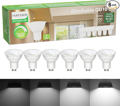 Dimmable GU10 LED Light Bulbs - 5W Energy-Efficient, 700 Lumens Daylight White (5000K), 110° Flood Beam, Ideal Replacement for Halogen Bulb in Recessed & Track Lighting, 6-Pack