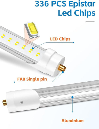 8FT LED Bulbs, Super Bright 72W 9000lm 5000K, T8 T10 T12 LED Tube Lights, FA8 Single Pin T8 LED Lights, Clear Cover, 8 Foot LED Bulbs to Replace Fluorescent Light Bulbs (Pack of 6)