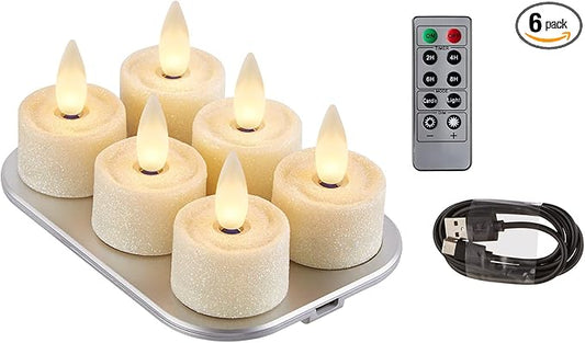 Rechargeable Flameless Tealights Candle with Remote Timer, 3D Moving Flame Real Wax Led Tealight Candles (Includes Remote Control, Charging Base, and USB Cable) (Glitter Ivory, 1.4in)