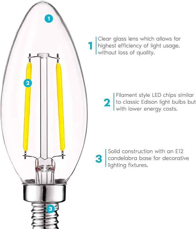 LUXRITE 4W Vintage Candelabra LED Bulbs Dimmable, 400 Lumens, 5000K Bright White, LED Chandelier Light Bulbs 40W Equivalent, Clear Glass, Filament Candle Bulb, UL Listed, E12 Base (6 Pack)