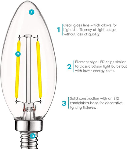 LUXRITE 4W Vintage Candelabra LED Bulbs Dimmable, 400 Lumens, 5000K Bright White, LED Chandelier Light Bulbs 40W Equivalent, Clear Glass, Filament Candle Bulb, UL Listed, E12 Base (12 Pack)