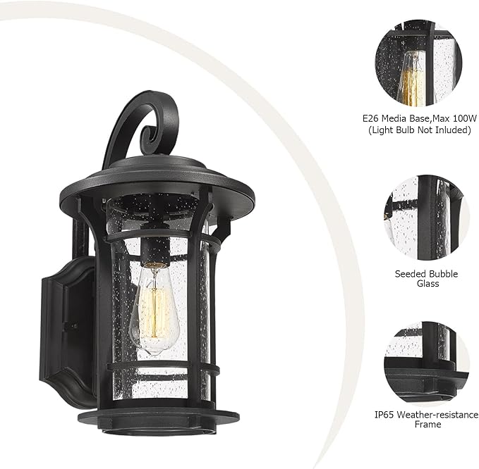 18‘’ Outdoor Exterior Wall Lantern Sconce Modern Farmhouse Wall Fixtures Lantern Porch Light Wall Mount Lighting Black Finish with Sended Glass for Outdoor Front Door, Garage, Patio