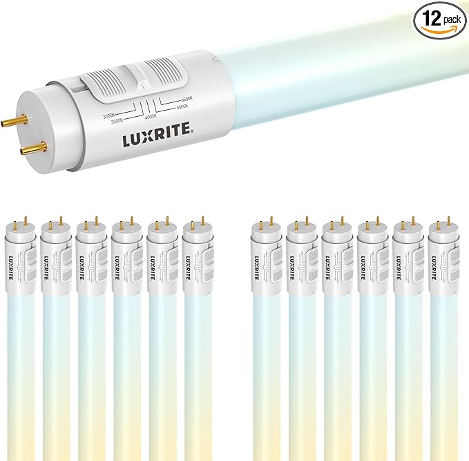 LUXRITE 2FT LED Tube Light, T8, 8W=17W, 5CCT 3000K- 6500K, 960LM, 320° Beam Angle, Fluorescent Replacement, Ballast Compatible or Bypass, Single or Double End Powered, Damp & UL Listed (12 Pack)