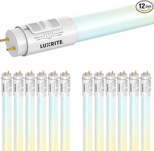 LUXRITE 2FT LED Tube Light, T8, 8W=17W, 5CCT 3000K- 6500K, 960LM, 320° Beam Angle, Fluorescent Replacement, Ballast Compatible or Bypass, Single or Double End Powered, Damp & UL Listed (12 Pack)