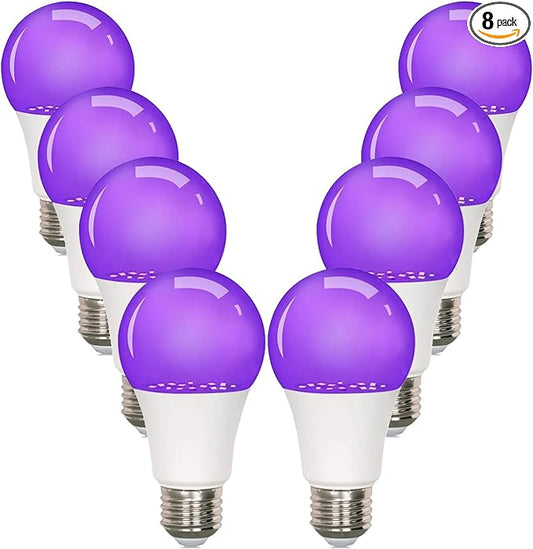 8-Pack LED Black Bulb, A19, UVA 385-400NM, 9W (100W Equivalent), E26 Head, Non-Dimmable, for Halloween Decorations, Glow Parties, Fluorescent Posters