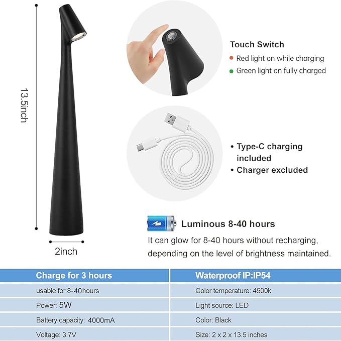 Cordless Small Table Lamps,3 Levels Brightness Portable Desk Lamp,Rechargeable Battery Lights for Outdoor, Restaurant, Bedside, Baby Night Light,Gifts(Black)