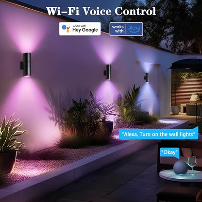 KIZON Smart Porch Lights 2 Pack, RGB Modern Outdoor Wall Lights Dusk to Dawn Exterior Lighting Fixture App Control with Remote, Up and Down Outdoor Sconce Lights for House Patio Garage, ETL Listed