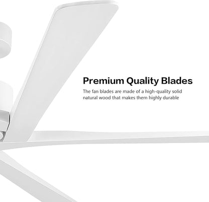 WINGBO 54 Inch DC Ceiling Fan without Lights, 5 Reversible Carved Solid Wood Blades, 6-Speed Noiseless DC Motor, Modern Ceiling Fan No Light for Bedroom Living Room Kitchen, White