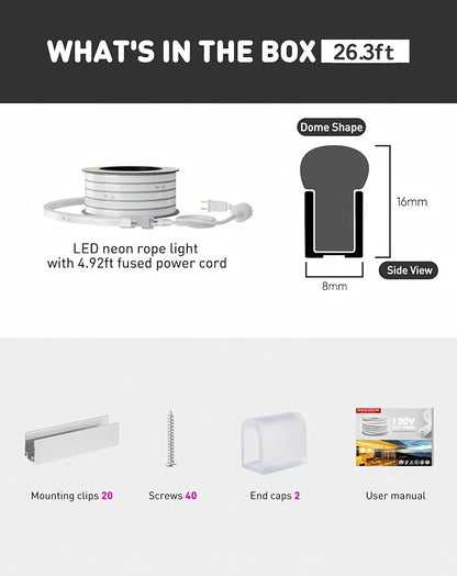 Shine Decor LED Rope Lights AC 120V, Connectable & Cuttable Dotless 120LEDs/M Eco Neon Strip Lighting, ETL IP65 Waterproof & Weather-Resistant for Home Commercial, 8x16mm, 6000K Cool White, 26.3FT