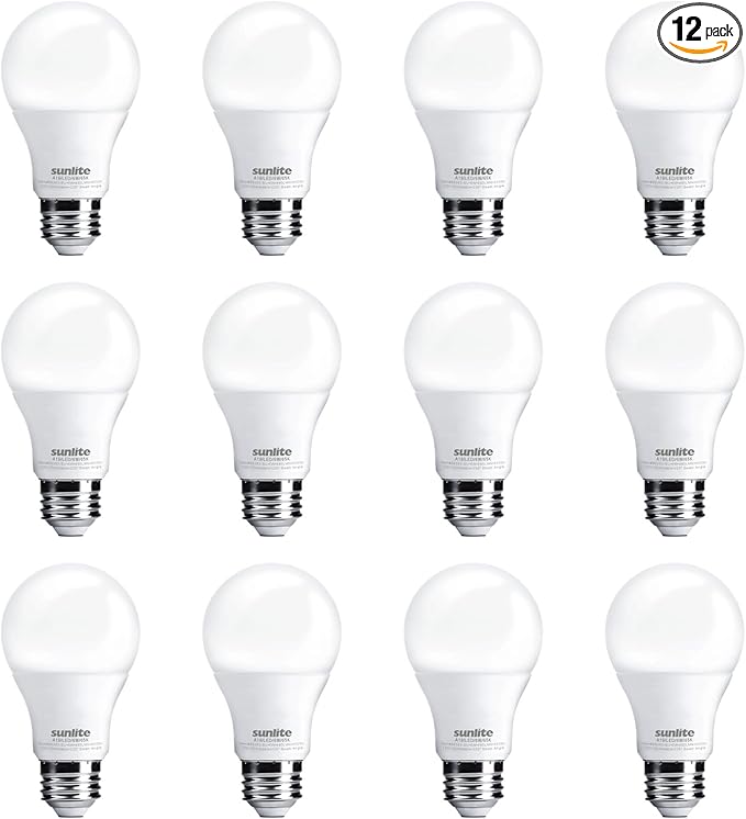 Sunlite LED A19 Light Bulb, 6 Watts (40 Watt Equivalent), 480 Lumens, 120 Volts, Dimmable, Medium E26 Base, UL Listed, RoHS, 6500K Daylight, 12 Pack