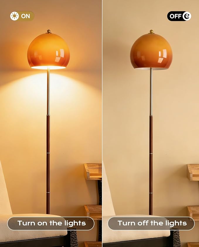 Orange Mushroom Floor Lamp, Vintage Floor Lamp with Gradient Glass Shade & Walnut Color Finish - Mid Century Modern Brushed Gold Standing Lamp for Living Room, Bedroom, Office