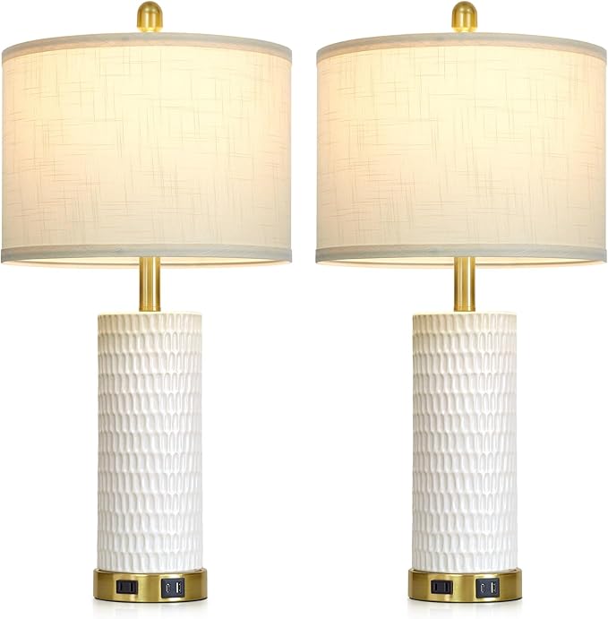 27" White Ceramic Lamps for Living Room, 3-Way Dimmable Touch Ceramic Table Lamp Set of 2 for Bedroom，Rustic Farmhouse Bedside Lamp with USB A+C & Outlets, Elegant Bedroom Lamp for Nightstand