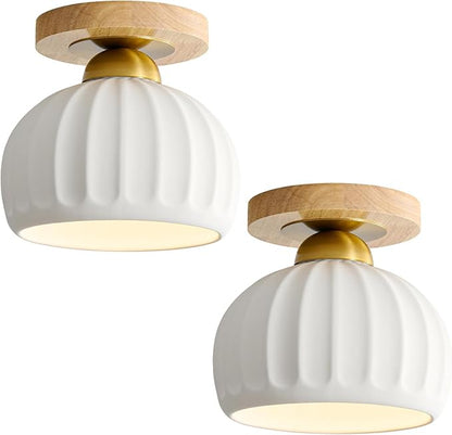 Ceramic Semi Flush Mount Ceiling Light - 2 Pack, Vintage Wood Gold Hallway Light Fixtures, White Globe Ceiling Lights,Mid Century Small Chandelier Light Fixture for Cottage Entryway Laundry Room Foyer