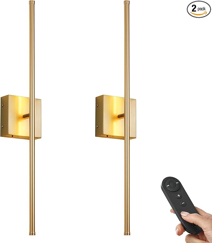 Battery Operated Wall Sconces with Remote Control, Dimmable Wall Sconces Set of Two, 350°Rotate, 3000K LED Gold Wireless Wall Light for Living Room, Hallway, Bedroom, 28.3 Inch (2 Pack)