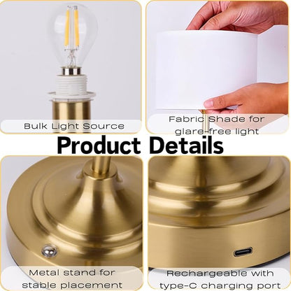 Rechargeable Table Lamp, Cordless Touch Lamps, Portable Desk Light with Stepless Dimmable Brightness & Fabric Shade for Nightstand Bedside Living Room (Gold, Straight)