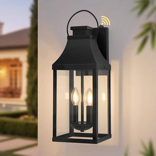 tewei Dusk to Dawn Outdoor Lighting Fixture, 20'' Large Porch Lights Outdoor Sconce Lights, 2-Light Black Exterior Lights for House Waterproof Outside Patio Lanterns for House Garage, 1-Pack