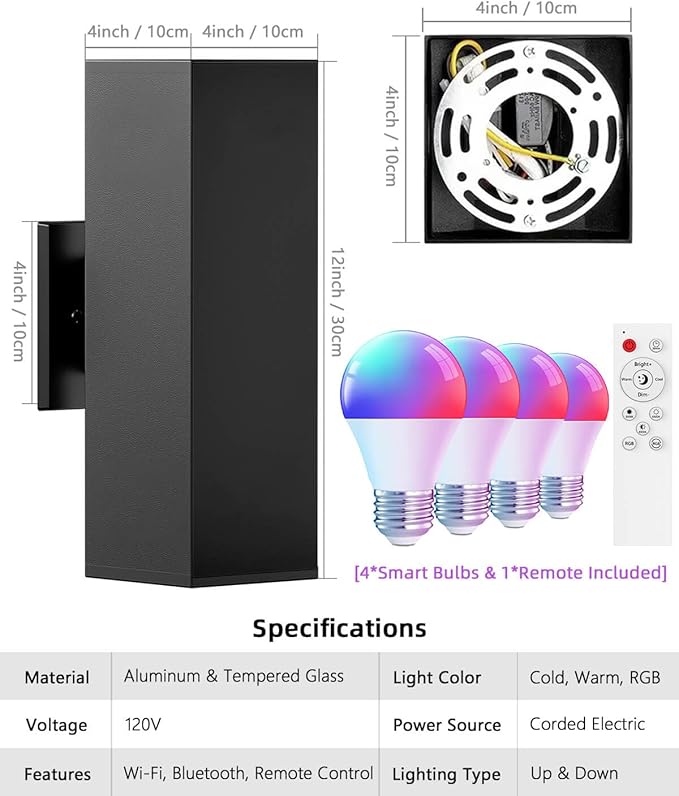 KIZON Smart Outdoor Wall Lights 2 Pack, RGB Dusk to Dawn Outdoor Lighting Waterproof Exterior Lighting Fixtures, Black Sconce Color Changing Porch Lights Up and Down Lights, ETL Listed