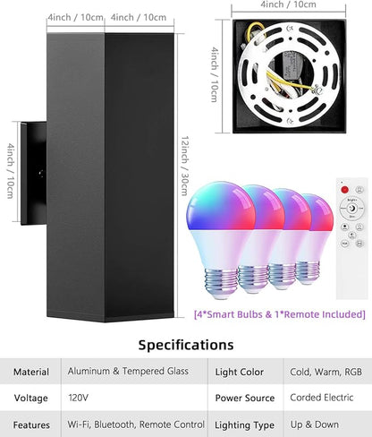 KIZON Smart Outdoor Wall Lights 2 Pack, RGB Dusk to Dawn Outdoor Lighting Waterproof Exterior Lighting Fixtures, Black Sconce Color Changing Porch Lights Up and Down Lights, ETL Listed