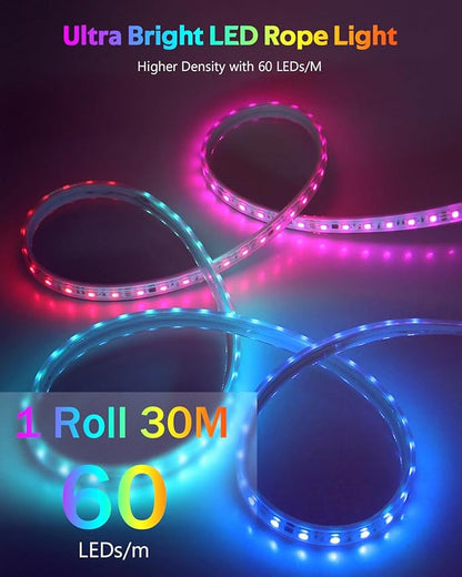 100FT Smart LED Light Strip RGB IC 1 Roll 24V Addressable Outdoor LED Strip Lights Waterproof Multi Color Chasing LED Lights with Remote APP Control Music Sync DIY Design for Bedroom 60 LEDs/M