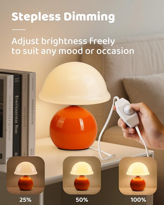Mushroom Table Lamp for Bedroom, Cozy Bedside Lamp with Glass Shade, Stepless Dimmable Nightstand Lamp for Relaxing Bedroom Decor & Aesthetic Home (Orange)