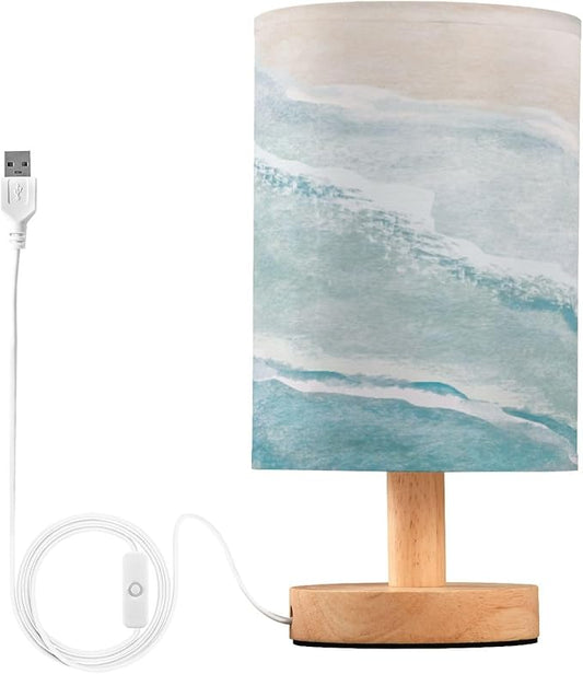 Bedside Lamp Bohemian Beach Table Lamp for Bedroom LED Nightstand Lamp Shade USB Ports Wood Base for Living Room Dorm Office