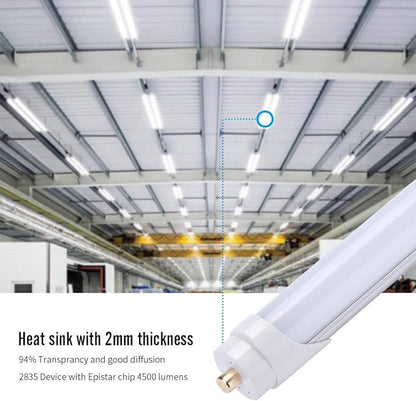 8ft T8 LED Tube Light 6000K Frosted Cover, Single Pin Cool White 45W (Replace 100 Watt Fluorescent Tubes)Double-Ended Power 4 Pack