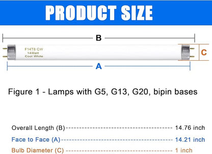 15 Inches T8 Fluorescent Light Bulb 4100K 14 Watt, F14T8/CW 14W Fluorescent Tube,14 Watts, G13 Medium Base, 650 Lumen, 6 Pack