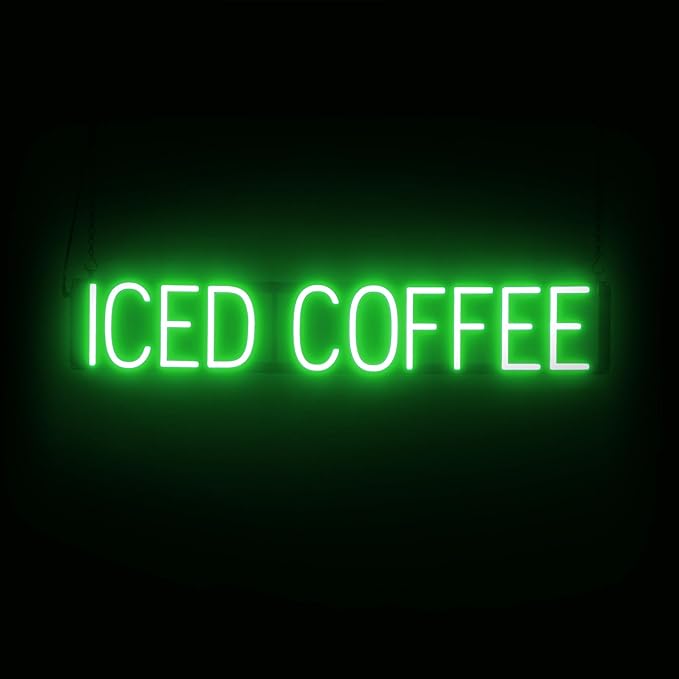 SpellBrite ICED COFFEE Sign | Cafe-Related Sign with Neon Look, Green LED Light Source | 36.6" x 6.3"