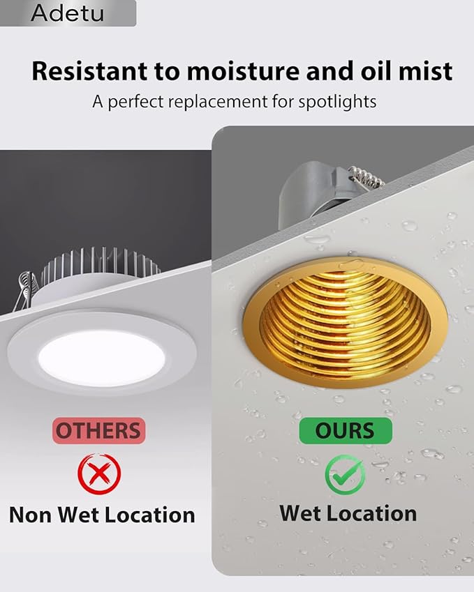 Adetu 2 Inch 5CCT White LED Recessed Ceiling Light with Junction Box, 2700K/3000K/4000K/5000K Selectable, CRI90, 8W COB, 780LM, Dimmable Canless IP65 Waterproof Downlight-ETL&FCC (Gold, 1 Pack)