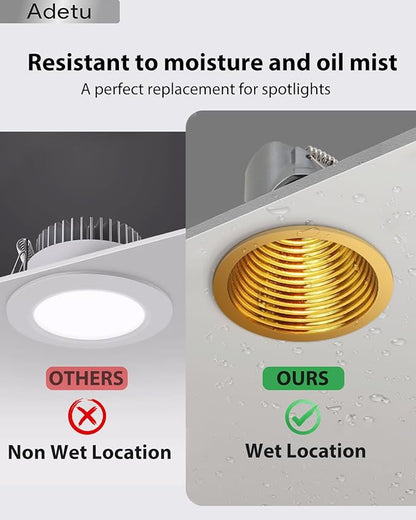 Adetu 2 Inch 5CCT White LED Recessed Ceiling Light with Junction Box, 2700K/3000K/4000K/5000K Selectable, CRI90, 8W COB, 780LM, Dimmable Canless IP65 Waterproof Downlight-ETL&FCC (Gold, 1 Pack)