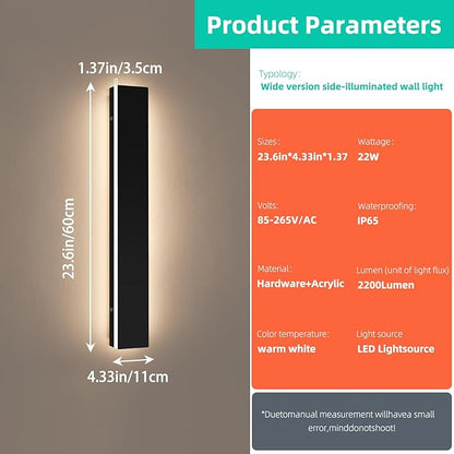 Upgrade Widened 2 Pack Modern LED Wall Sconce, 23.6inch Outdoor Exterior Wall Light, 3000K Warm White, 24W, IP65 Waterproof, Black Outside Long Linear Patio Lighting for House, Garage, Yard