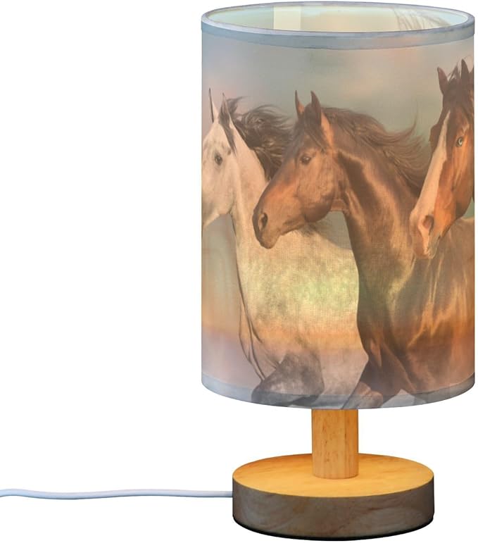 Bedside Lamp Horses Table Lamp for Bedroom LED Nightstand Lamp Shade USB Ports Wood Base for Living Room Dorm Office