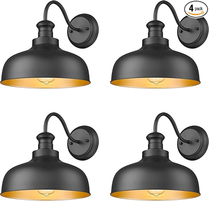 Outdoor Barn Lights, 11.5 Inch Dome Outside Wall Sconce, Weather Resistant Farmhouse Exterior Wall Mount Light, Anti-rust Exterior Lighting Fixturefor Porch, Garage, Patio, Entryway (Black, 4 Pack)