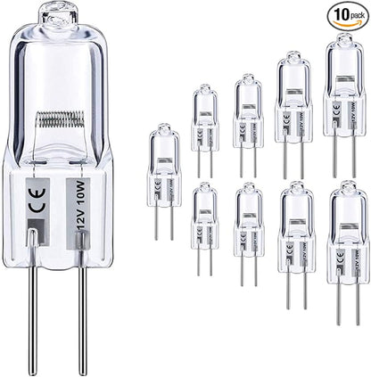 G4 Halogen Bulb, 10 Pack 12V 10W Bi-pin Base, High Output 150LM 3000Hrs Long Lifetime, Dimmable, CRI100 & 2800K Warm White, for Cabinet Light Bulbs