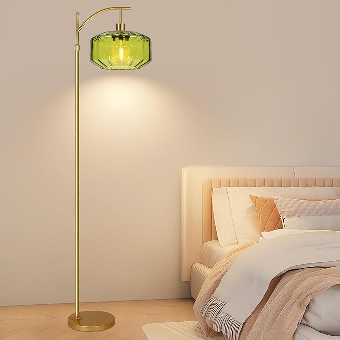 Gold Floor Lamps for Living Room Bedroom,Glass Floor Lamp with Remote Control & Green Lampshade,Arc Dimmable Floor Lamp Mid Century Modern Standing Lamp Vintage Tall Floor Lamps for Bedroom Corner