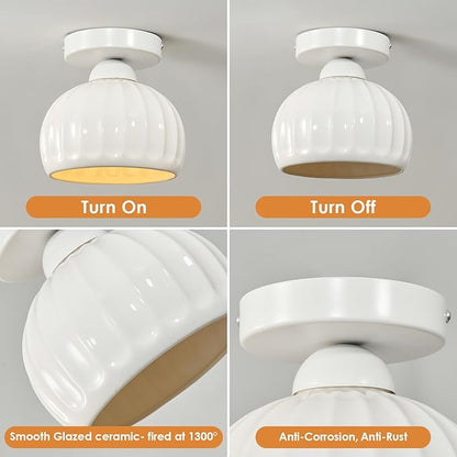 White Semi Flush Mount Ceiling Light - 2 Pack, Glaze Ceramic Vintage Hallway Light Fixtures, Milk White Globe Ceiling Lights, Mid Century Small Light Fixture for Cottage Entryway Laundry Room Foyer