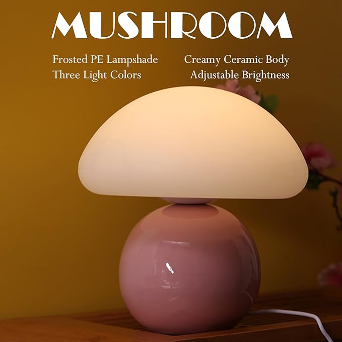 Cute Small Mushroom Lamp, PE Lampshade, Ceramic Spherical Base, Adjustable Light Color and Brightness, Safe USB Powered, Energy-Saving LED Mushroom Light for Bedroom Living Room (Pink)